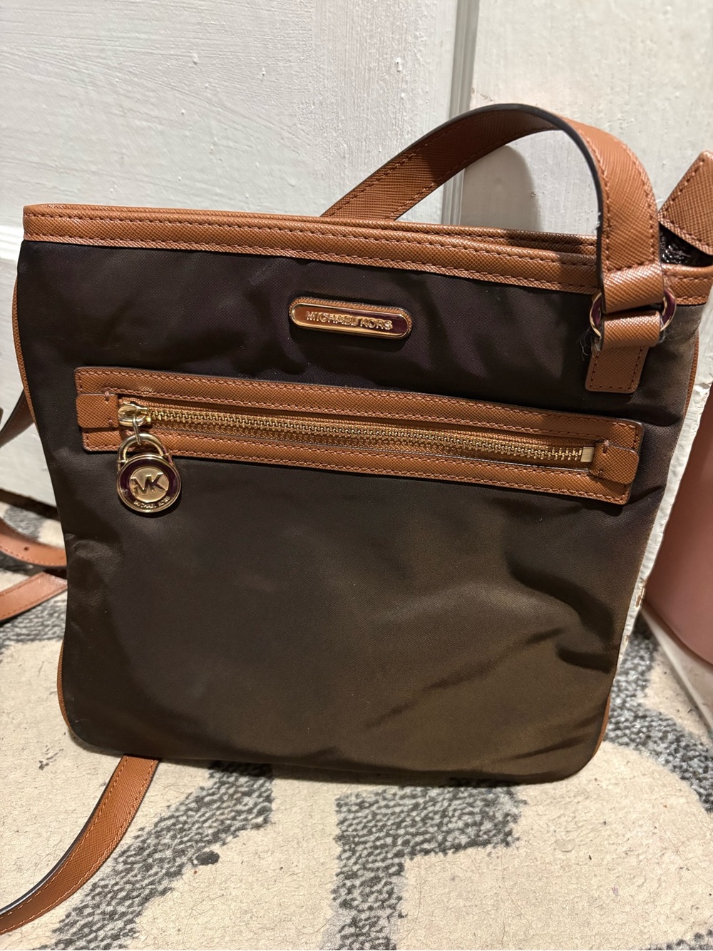 Michael Kors Brown Crossbody Bag with Tan Trim and Gold Hardware